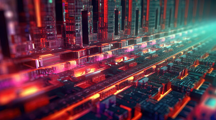 Obraz premium Computer technology abstraction with connected hardware or data servers in neon lights of wires