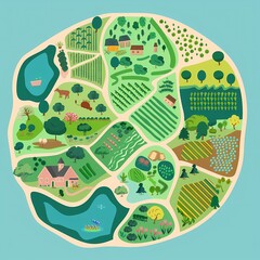 Earthy Eco-Friendly Agriculture Flat Design &acirc;&euro;&ldquo; Top View of Organic Farming in Serene Watercolor with Split-Complementary Colors