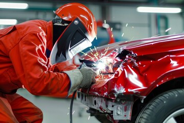 Professional master welding body of red car after accident in modern repair service