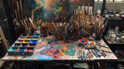 Artist's desk covered in colors, brushes and pallets - great art and beauty from chaos