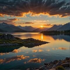 Lakes in the front of mountains and sun setting. beautiful landscape panaroma wallpaper background illustration nature scene hills view scenery