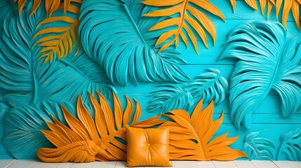 Tropical Vibes: Bright turquoise, sunny yellow, and coral orange with a palm leaf texture.