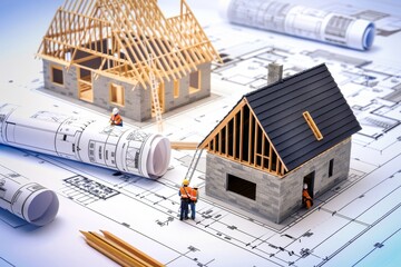 House building on blueprints with worker - construction project, architecture and industry concept