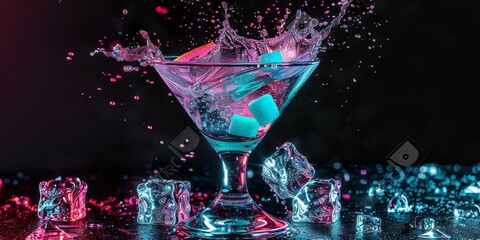 Alcoholic cocktail splashes from a glass with ice cubes in neon shades of pink and blue. Minimal nightlife concept.