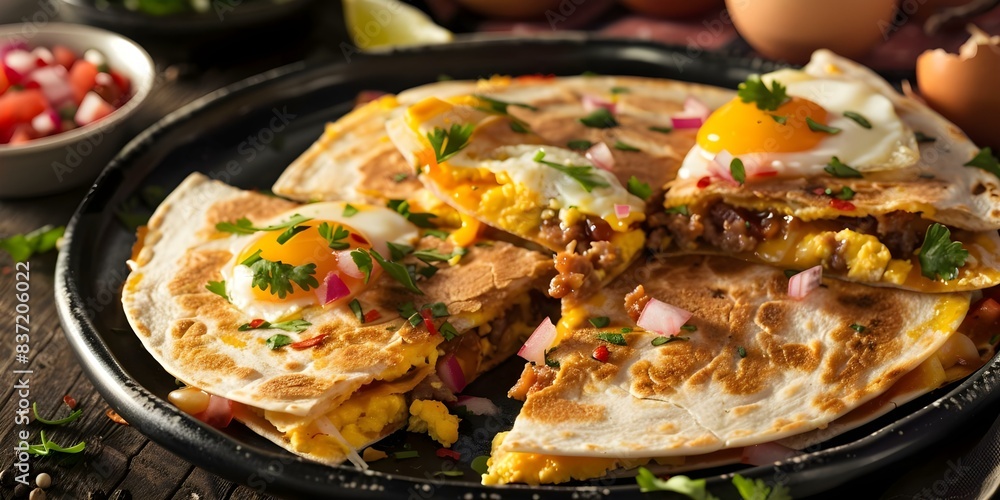 Wall mural Tasty Breakfast Quesadilla with Scrambled Eggs, Chorizo, and Spicy Flavors. Concept Breakfast Quesadilla, Scrambled Eggs, Chorizo, Spicy Flavors, Delicious Meal - Wall murals