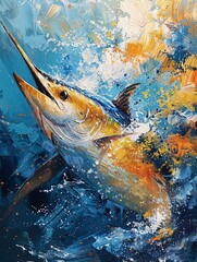 Dynamic Abstract Painting of Marlin Fish in Vibrant Ocean Colors