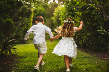 niño y niña vestidos de fiesta corriendo en un jardín en su dia de primera comunión católico