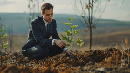 Business leader planting tree in deforested area showing commitment to environmental restoration