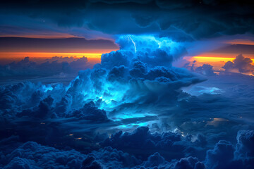 Blue Jet lightning phenomenon in the upper atmosphere, powerful blue-colored lightning jet shooting upwards from the top of a tall cumulonimbus cloud.