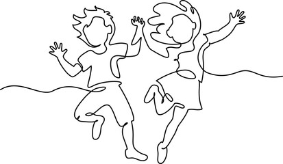 Happy jumping children holding hands. Continuous one line drawing