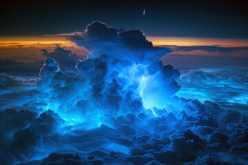 Fototapeta premium Blue Jet lightning phenomenon in the upper atmosphere, powerful blue-colored lightning jet shooting upwards from the top of a tall cumulonimbus cloud.