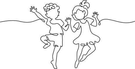 Happy jumping children holding hands. Continuous one line drawing