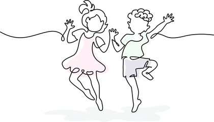 Happy jumping children holding hands. Continuous one line drawing