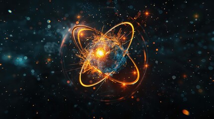 Atom of matter glowing and emitting energy in black space.