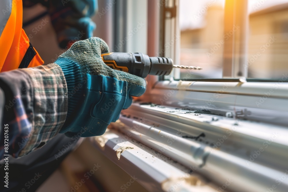 Poster skilled construction worker installing window with drill, adding value to property