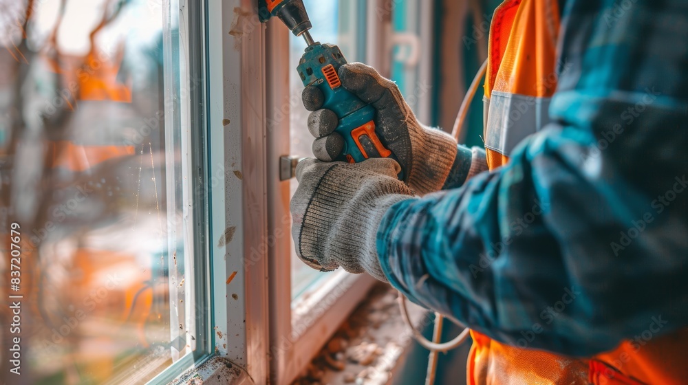 Poster construction worker installing window with drill, adding value to property with home extension