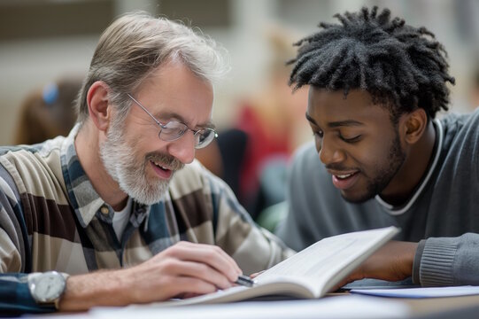 Older man teaching young black man in a classroom. Concept of education, guidance, and focus