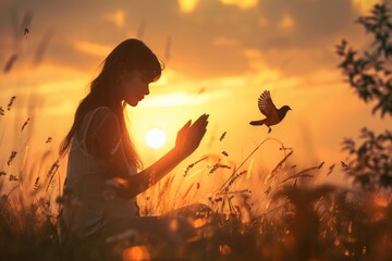Woman praying and freeing birds at sunset, letting birds into nature, hope and freedom concept