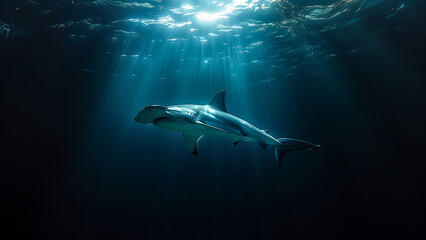 Obraz premium Hammerhead Shark - Shark Swimming, Marine Animal, Sea Life, Aquatic, Underwater Photography, Aquatic Photography