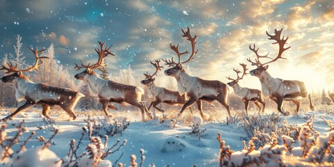 Reindeers running in snowy field under sky