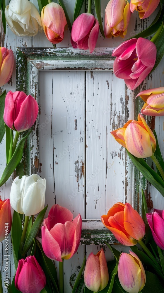 Poster tulips surrounding a blank frame on a white wooden surface. generative ai image