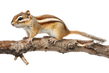 A chipmunk on top of an old tree branch, isolated transparent background, png, cutout