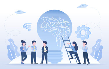 Business people brainstorming AI concepts. Management, planning, thinking, strategy, statistics, thinking, planning, creative, share information and collaboration. Flat vector design illustration.