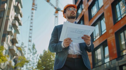 Portrait of young architector wuth blueprint in his arms. View from the bottom.