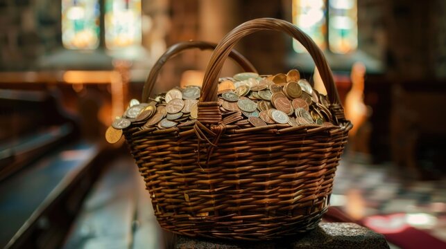 Basket of tithes and offerings in the Church return to God stewardship financial management.