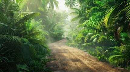 Naklejka premium Dirt road in the middle of a tropical forest.
