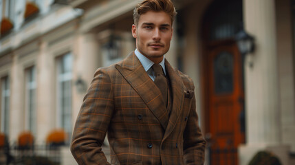 Obraz premium A real gentleman. An English man in a suit stands on the street