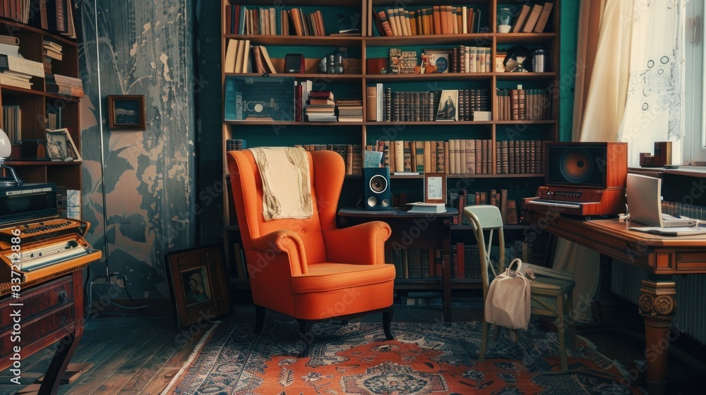Wall mural orange sofa on vintage library background. - Wall murals