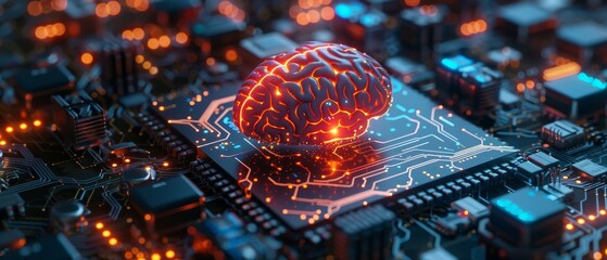 Futuristic concept illustration depicting artificial intelligence, with a glowing brain on a microchip, representing advanced technology.