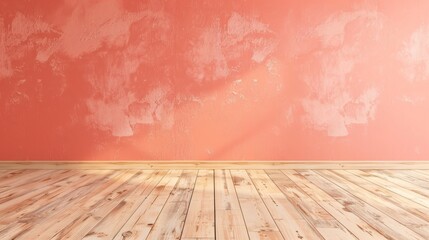 vibrant background with a light coral wall and light oak flooring for a lively, warm atmosphere.