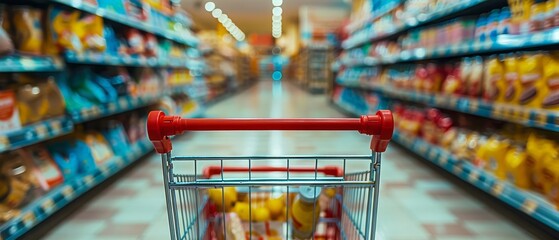 Shopping cart with groceries in a supermarket aisle. Concept of shopping, retail, and consumerism with products on shelves in the background.