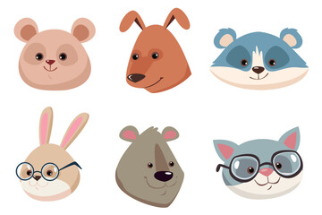 Fototapeta premium Cartoon animal head isolated set concept. Vector flat graphic design illustration