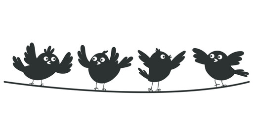 Black shadow birds sitting on wire concept. Vector flat graphic design illustration