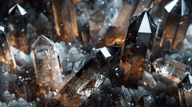 A mesmerizing display of smoky quartz crystals, capturing the mysterious allure and intricate details of nature's geometric wonders.