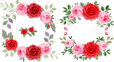 Set of red and pink roses in a floral frame for wedding 
