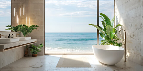  Modern hotel bathroom interior with bathtub and sink, panoramic window background, Interior of clean modern bathroom 
