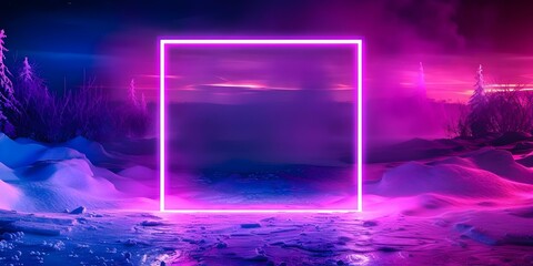 Neon Purple Light Illuminates Abstract Snow Square on Dark Background. Concept Photography, Light Art, Abstract Design, Neon Colors, Winter Art