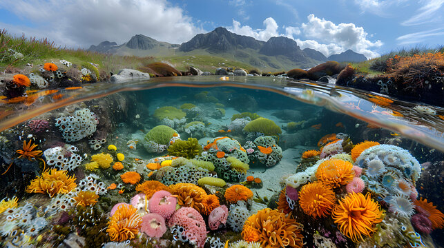 A vibrant nature tide pool landscape with colorful seaweed and barnacles clinging to the rocks