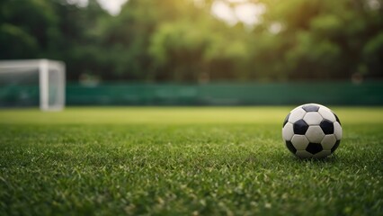 Fototapeta premium soccer ball on green grass field. sports, football background
