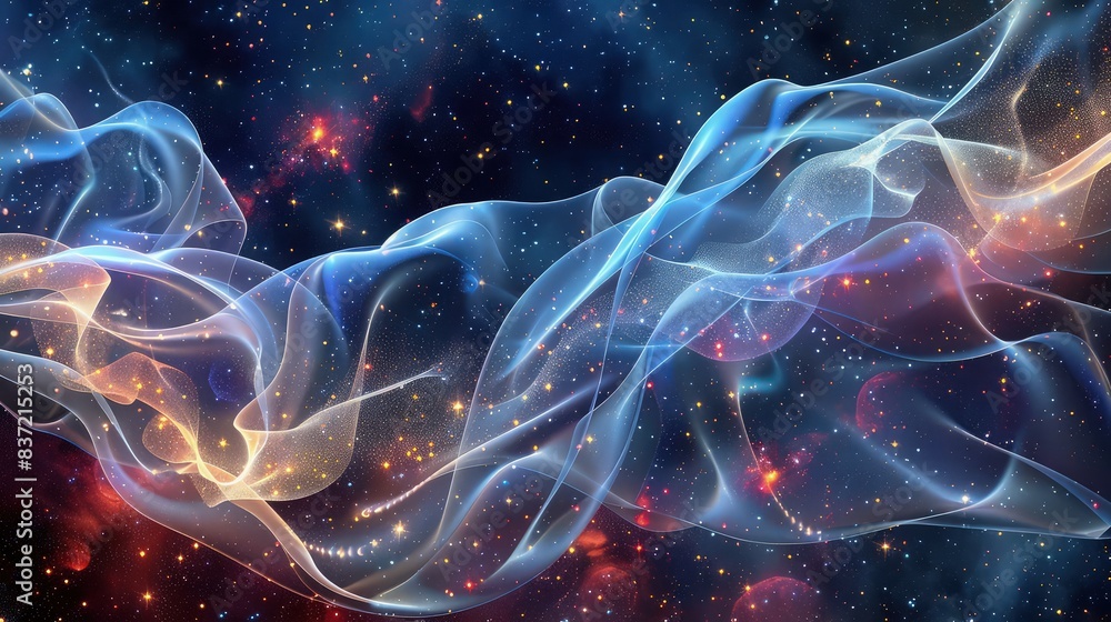 Poster an ethereal abstract background with transparent waves of fabric that sparkle like stars, set agains