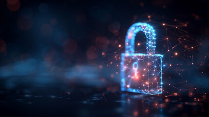 A vibrant depiction of a digital padlock made up of network lines and nodes, symbolizing cyber security and data protection concepts