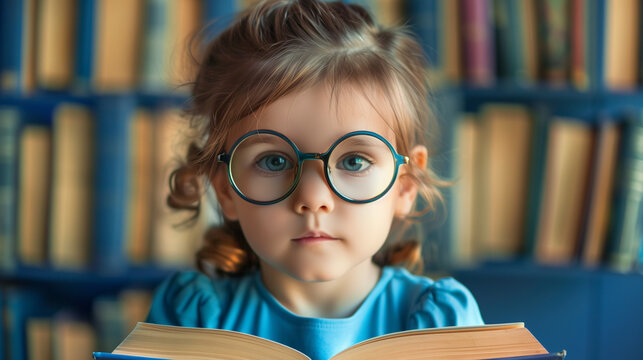 A child with round glasses reads a book, immersed in fascinating reading. His focused face and preoccupation with the pages of the book reflect the joy of discovering new worlds.