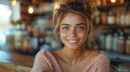 Teen Girl working in Coffee Shop. 16 years old