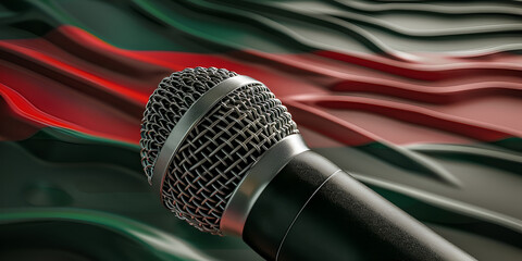  Microphone on the background of the National Flag background, radio and recording studio sound equipment    
