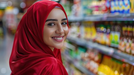 A girl in a red hijab shops in a supermarket happily wallpaper AI generated image