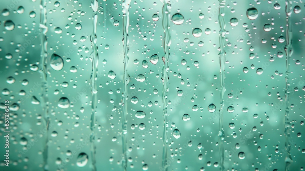 Poster raindrops glistening on a window pane against a background of mint green bokeh. the image is peacefu
